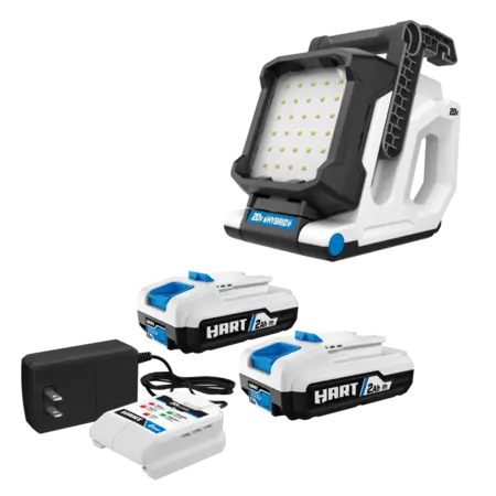 HART 20-Volt Hybrid LED Magnet Light, 1,500 Lumens with 2-Pack 2Ah Battery and Charger Starter Kit Bundle