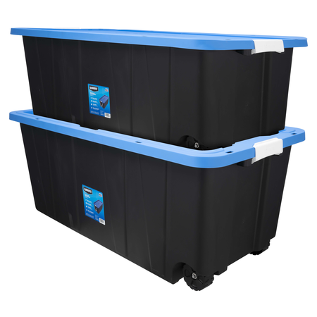 50 Gal Black Rolling Plastic Storage Tote with Pull Handle- Set of 2