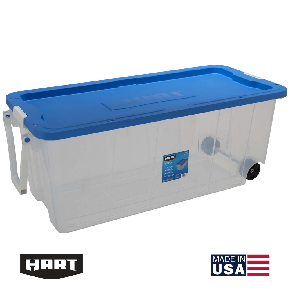 200 Qt Clear Rolling Plastic Storage Tote with Blue Lid - Set of 2banner image