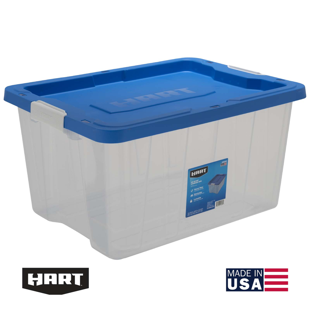 68 Qt Clear Latching Plastic Storage Tote with Blue Lidbanner image