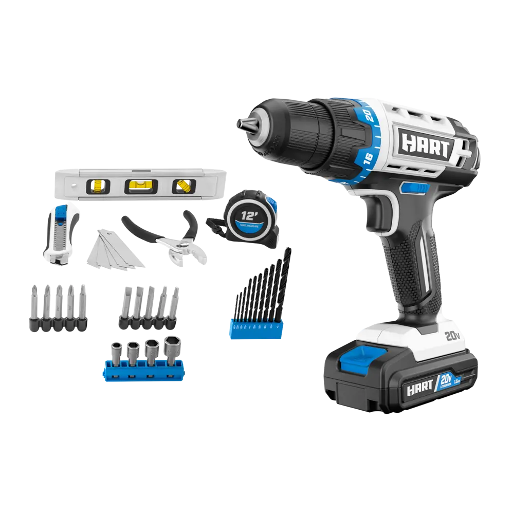 20V 3/8” Drill/Driver Combo Kit + Accessories (Level, Tape Measure, Slide Knife, Pliers)banner image
