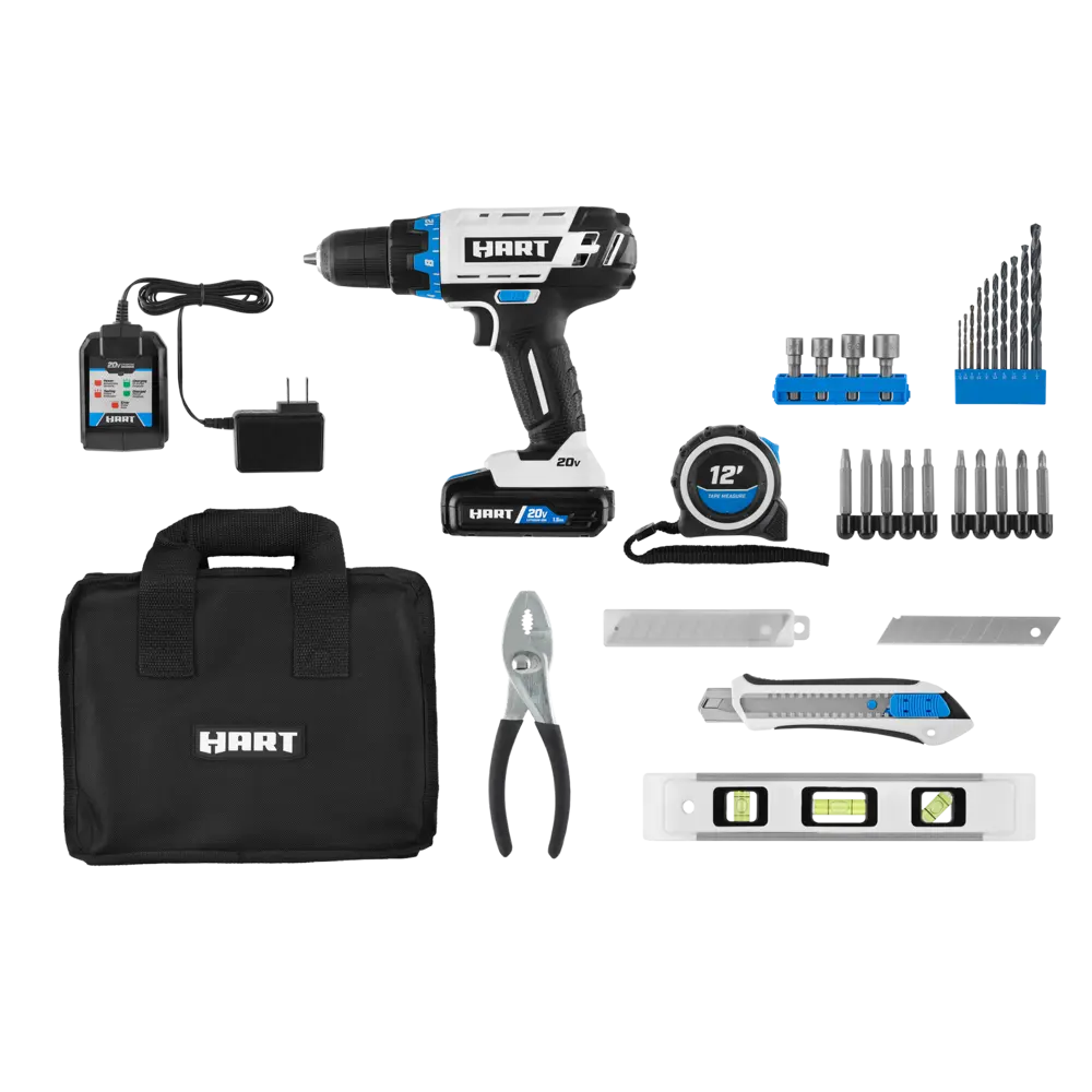 20V 3/8” Drill/Driver Combo Kit + Accessories (Level, Tape Measure, Slide Knife, Pliers)banner image