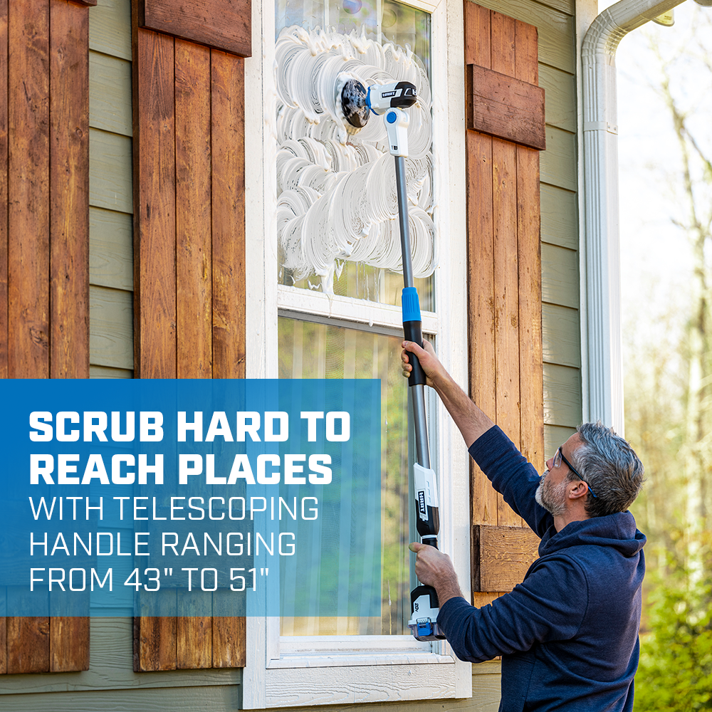Scrub hard to reach places with telescoping handle ranging from 43" to 51"