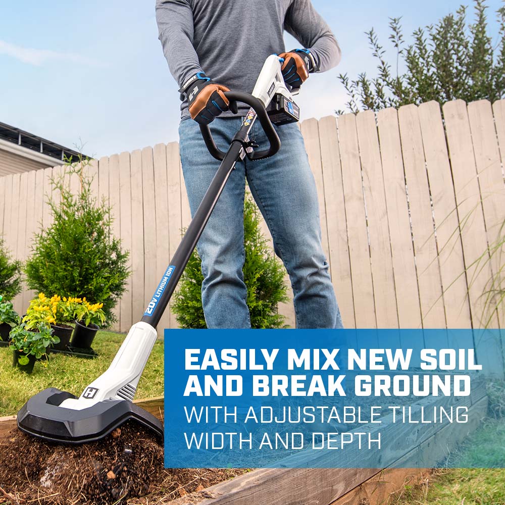 easily mix new soil and break ground with adjustable tilling width and depth