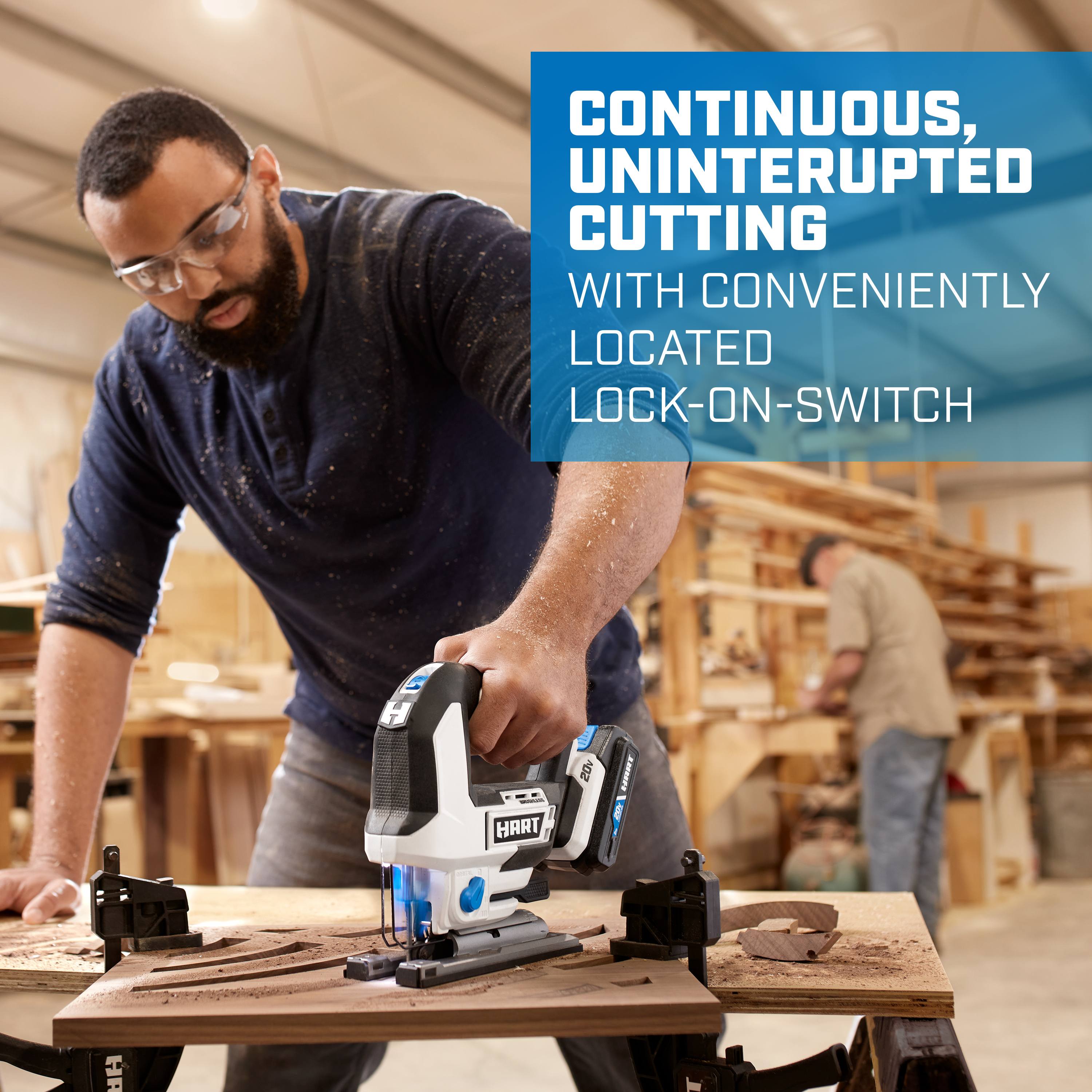 continuous uninterrupted cutting with conveniently located lock-on switch