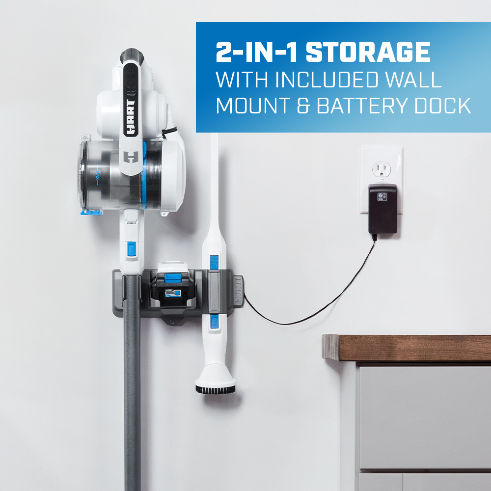 2-in-1 storage with included wall mount and battery dock 