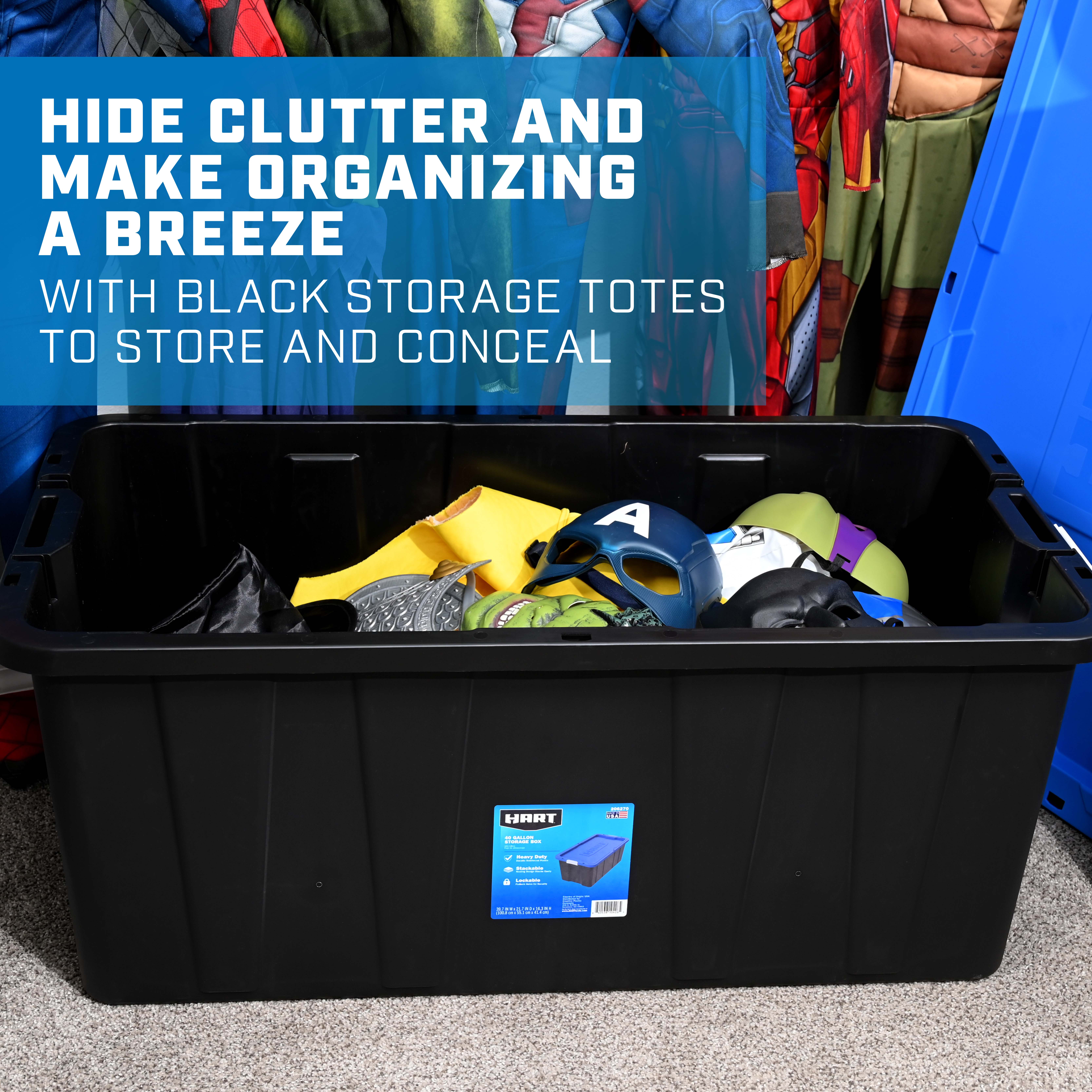hide clutter and make organizing a breeze with black storage totes to store and conceal