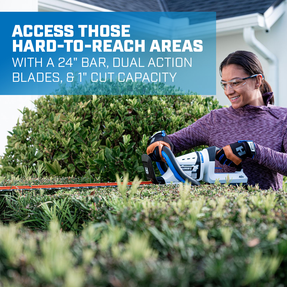 Access those hard to reach areas with a 24" bar, dual action blades, & 1" cut capacity