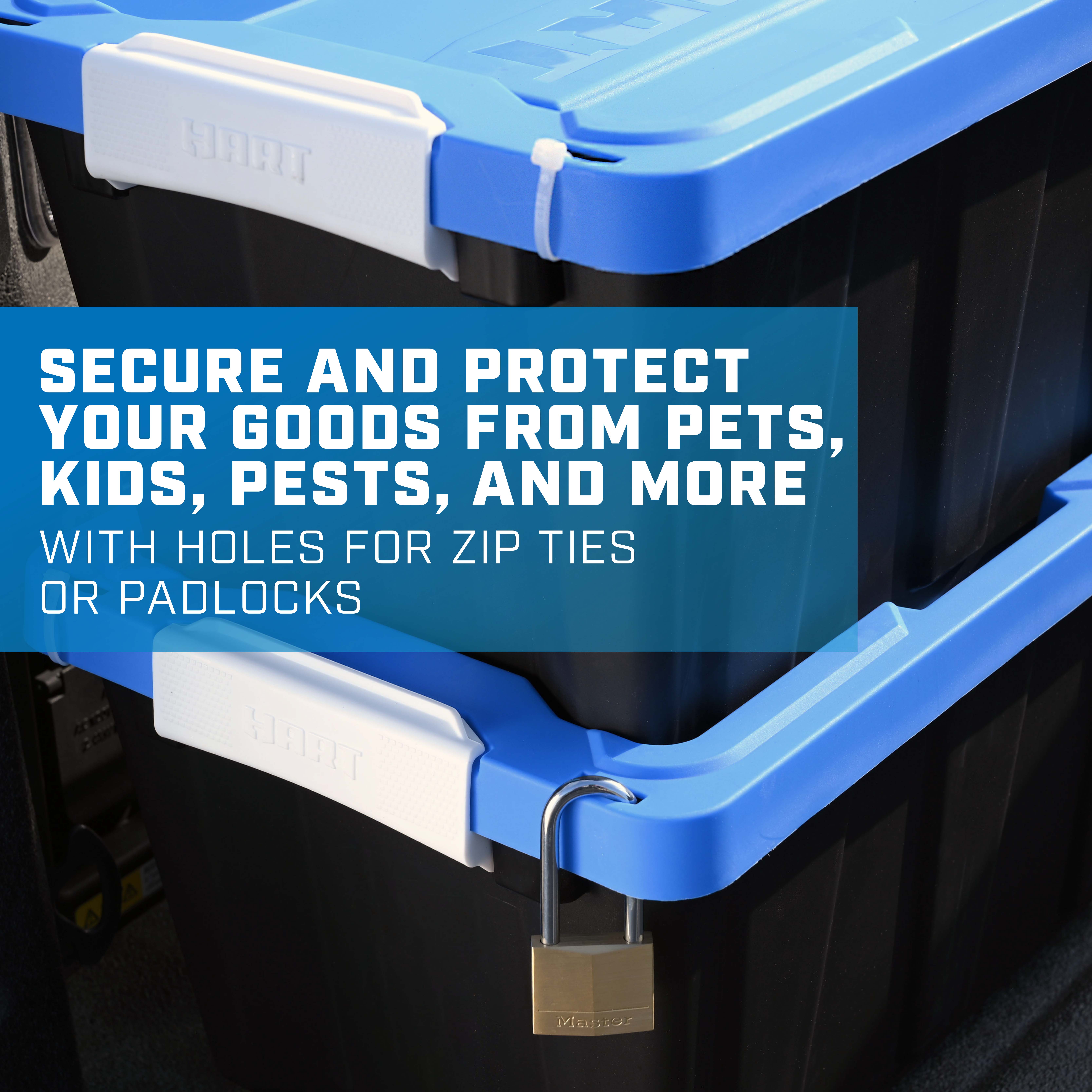 Secure and protect your goods from pets, kids, and pests with holes for zip ties and padlocks