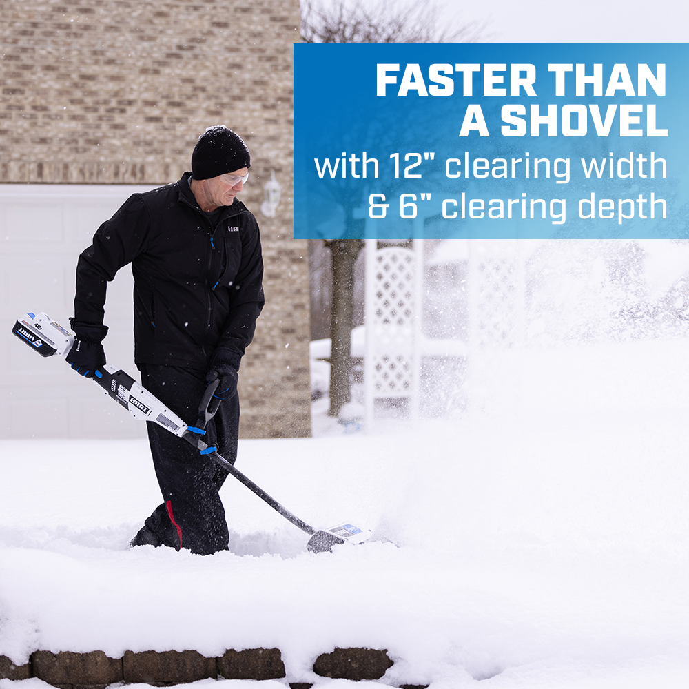 faster than a shovel with 12" clearing width and 6" clearing depth