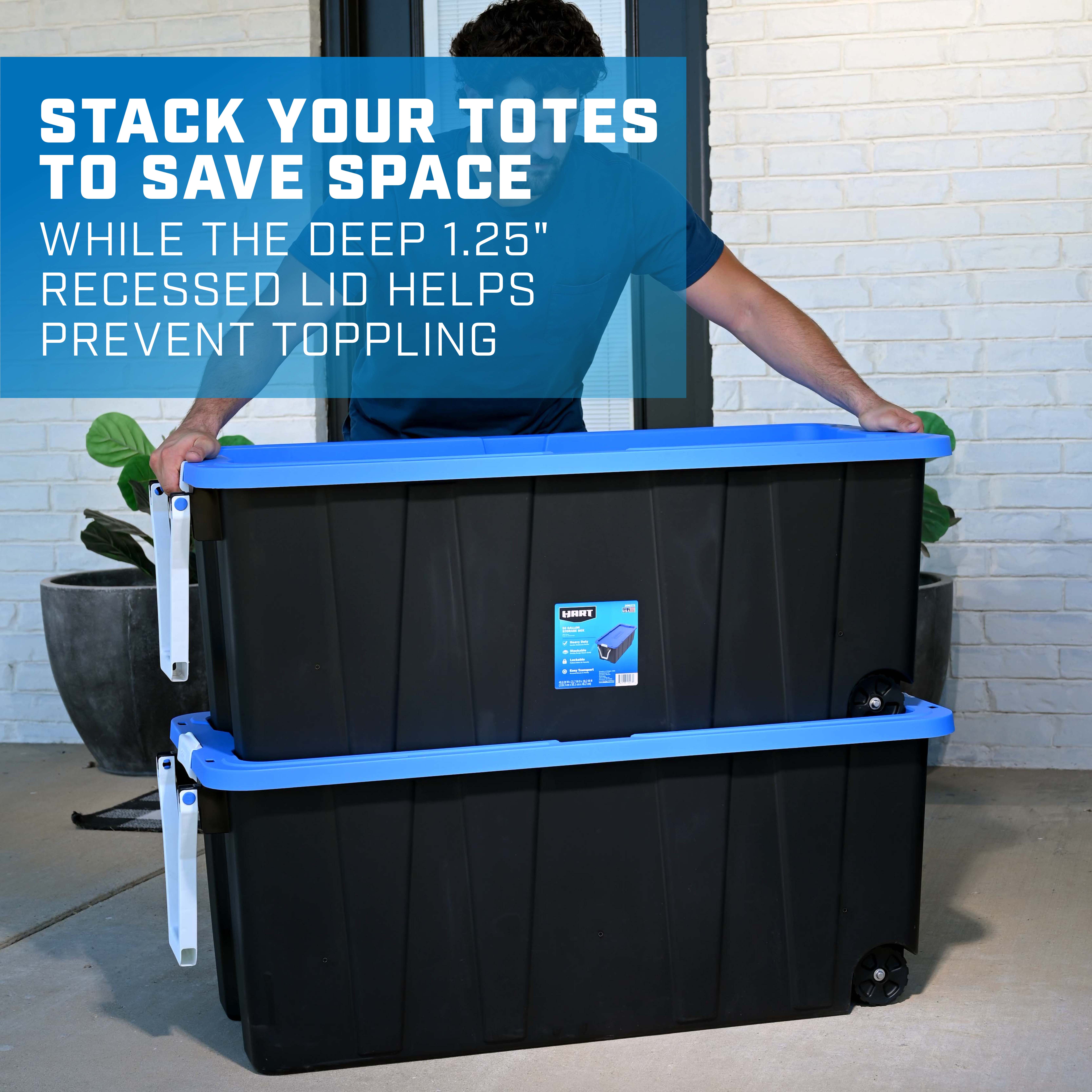 stack your totes to save space while the deep 1.25" recessed lid helps prevent toppling