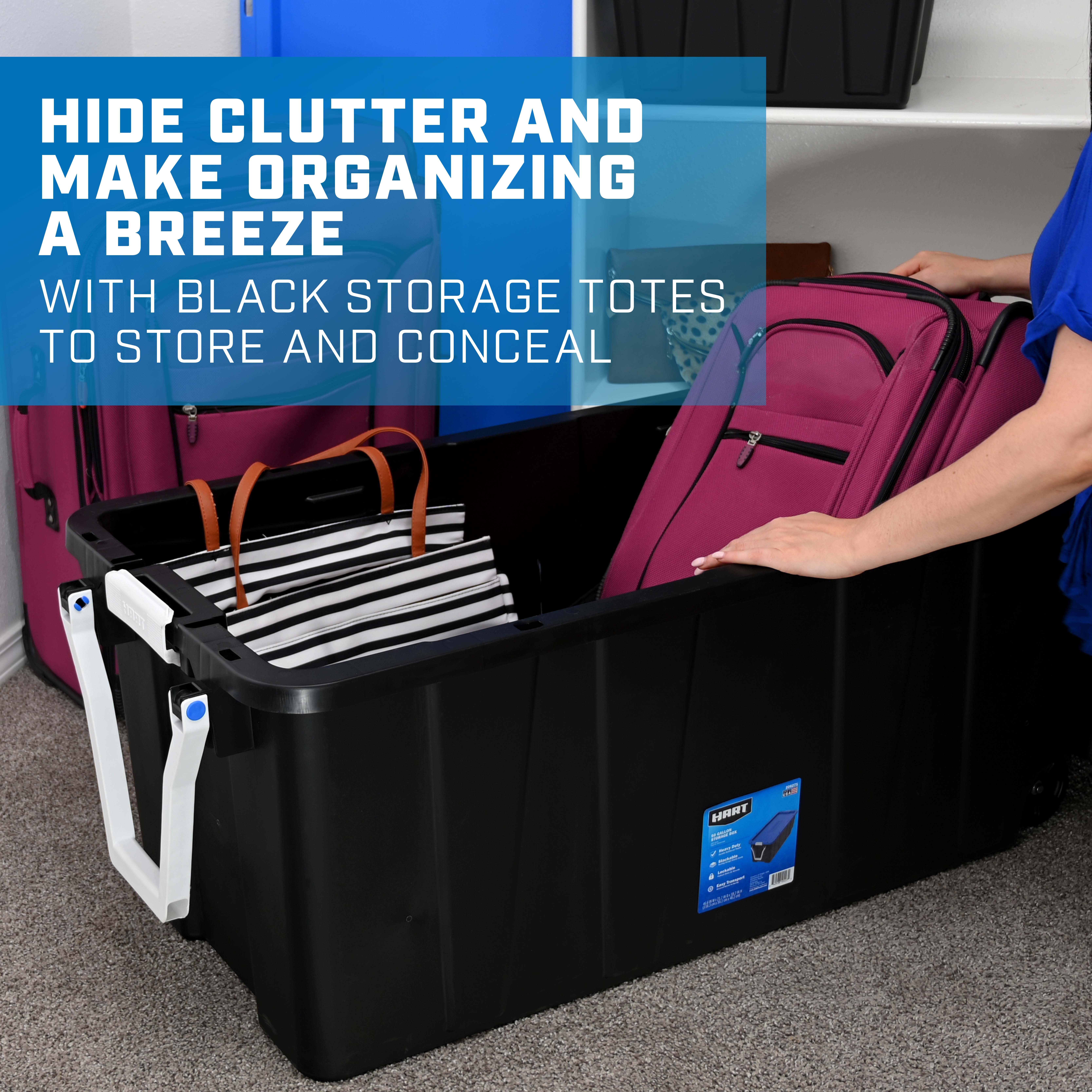 hide clutter and make organizing a breeze with black storage totes to store and conceal