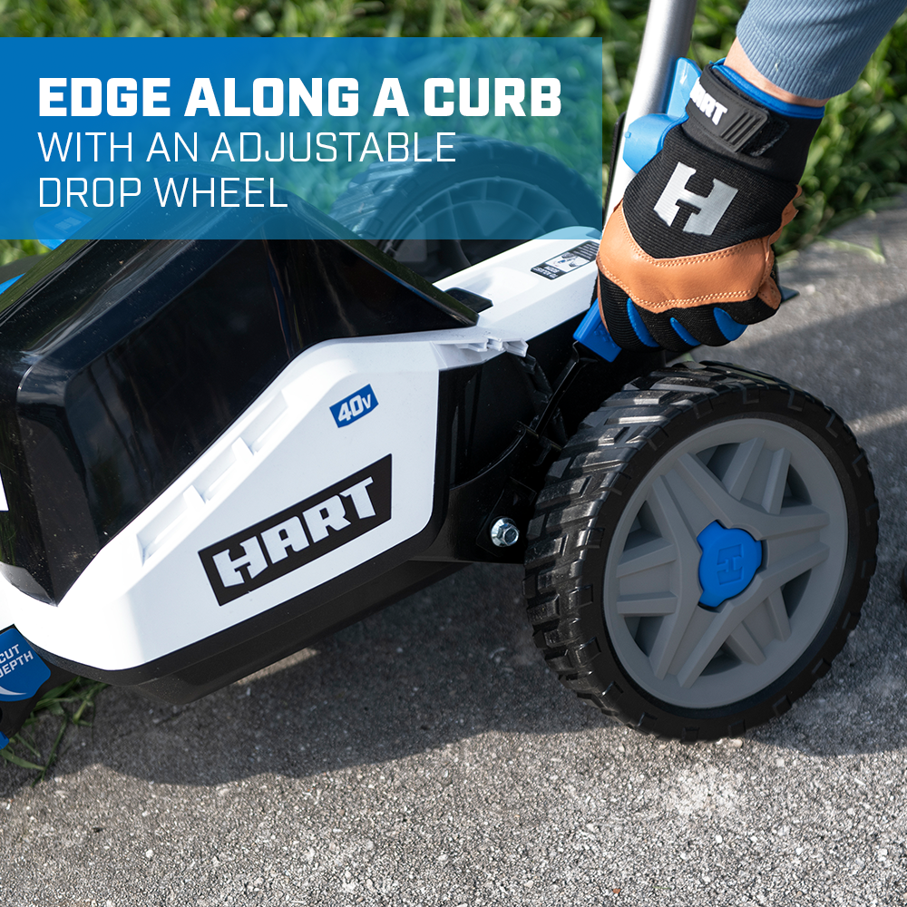 edge along the curb with an adjustable drop wheel