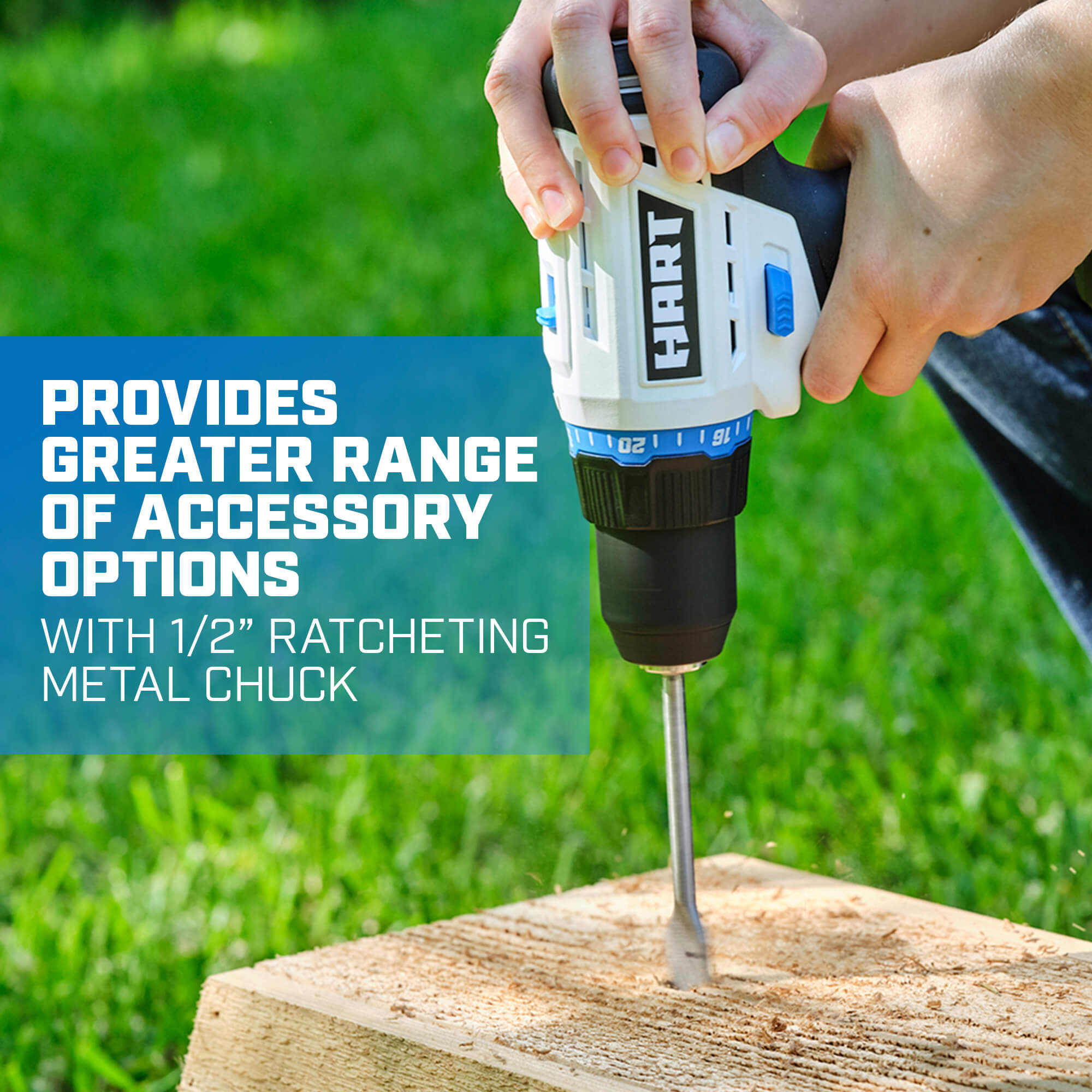 provides greater range of accessory options with 1/2" ratcheting metal chuck