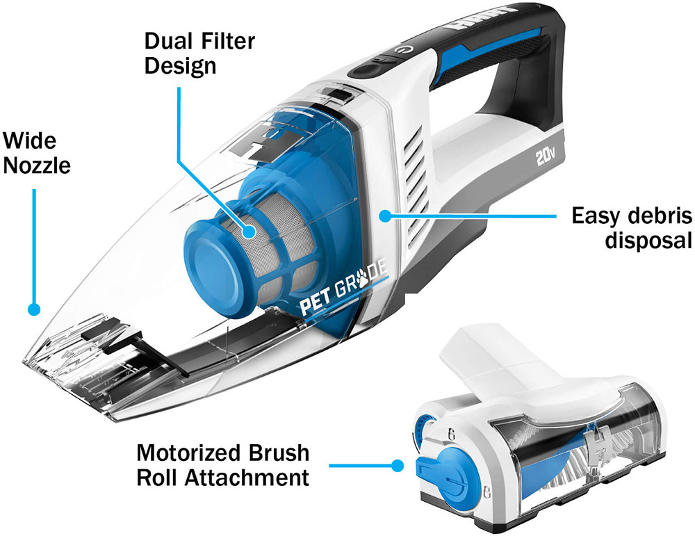 20V Cordless Hand Vacuum Kit with Motorized Brush Roll Features